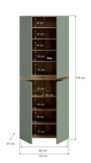 Geöffneter zweitüriger Hochschrank in Salbeigrün mit Holzoptik innen, mehrere Einlegeböden und Maßangaben (H 175 cm, B 70 cm, T 37 cm), Frontansicht.