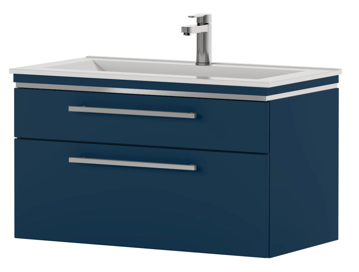 Novel Waschtisch-Set NV.017 Blauer Waschtischunterschrank mit zwei Schubladen und langen Metallgriffen, weißem Aufsatzwaschbecken und verchromtem Einhebelmischer, freigestellt vor weißem Hintergrund, Frontansicht leicht schräg von oben