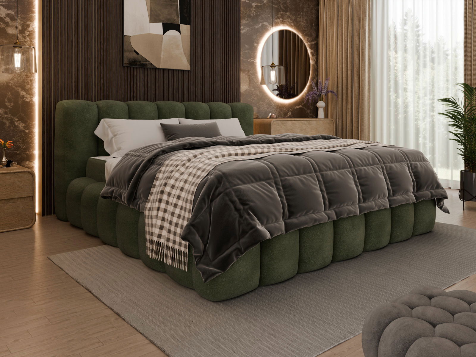 Grünes Polsterbettgestell in einem stilvoll eingerichteten Schlafzimmer, seitliche Perspektive