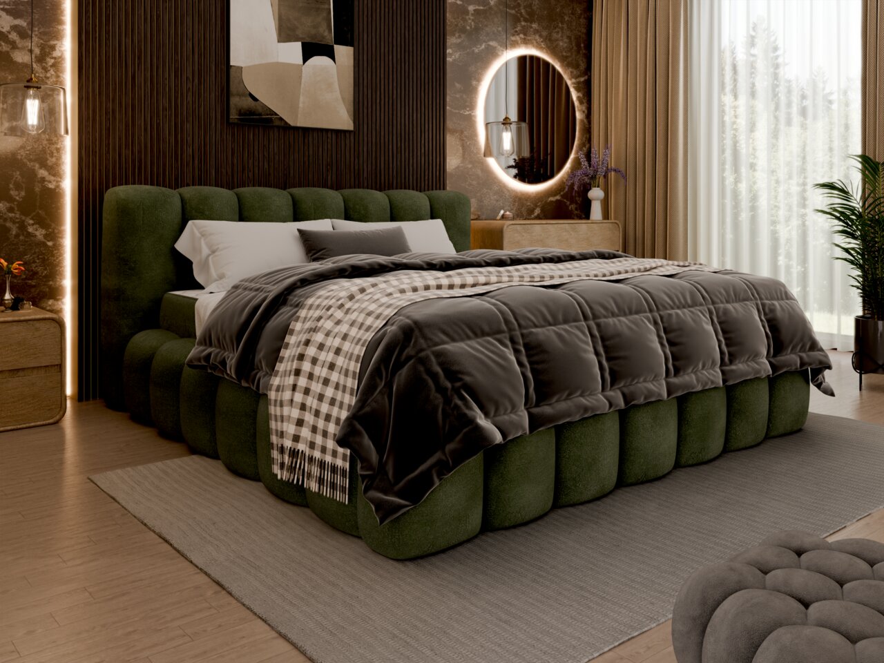 Grünes Polsterbettgestell in einem stilvoll eingerichteten Schlafzimmer, seitliche Perspektive