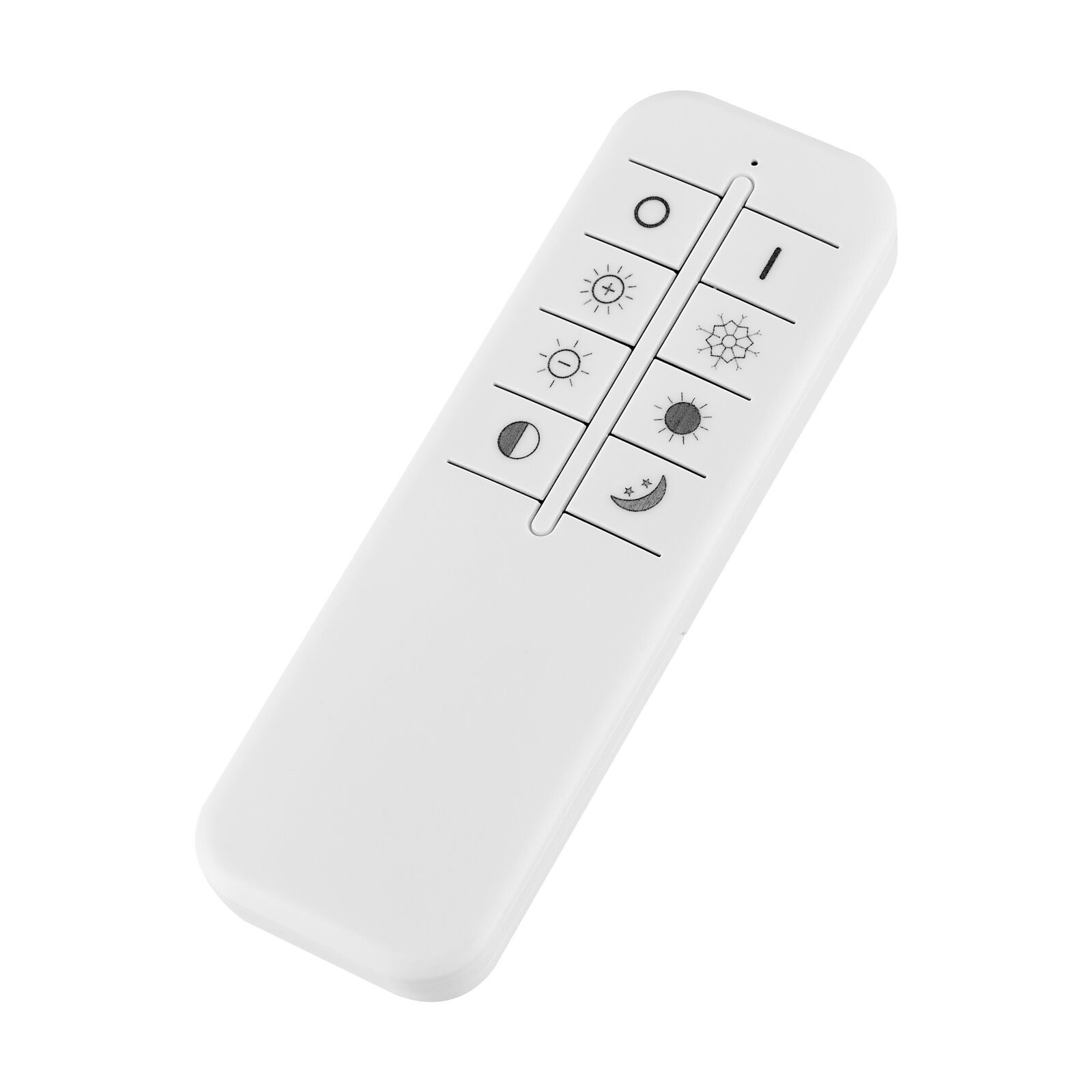 Witte afstandsbediening voor lamp/dimmer met schuifregelaar en knoppen met zon- en maanpictogrammen, schuin van boven gefotografeerd op witte achtergrond