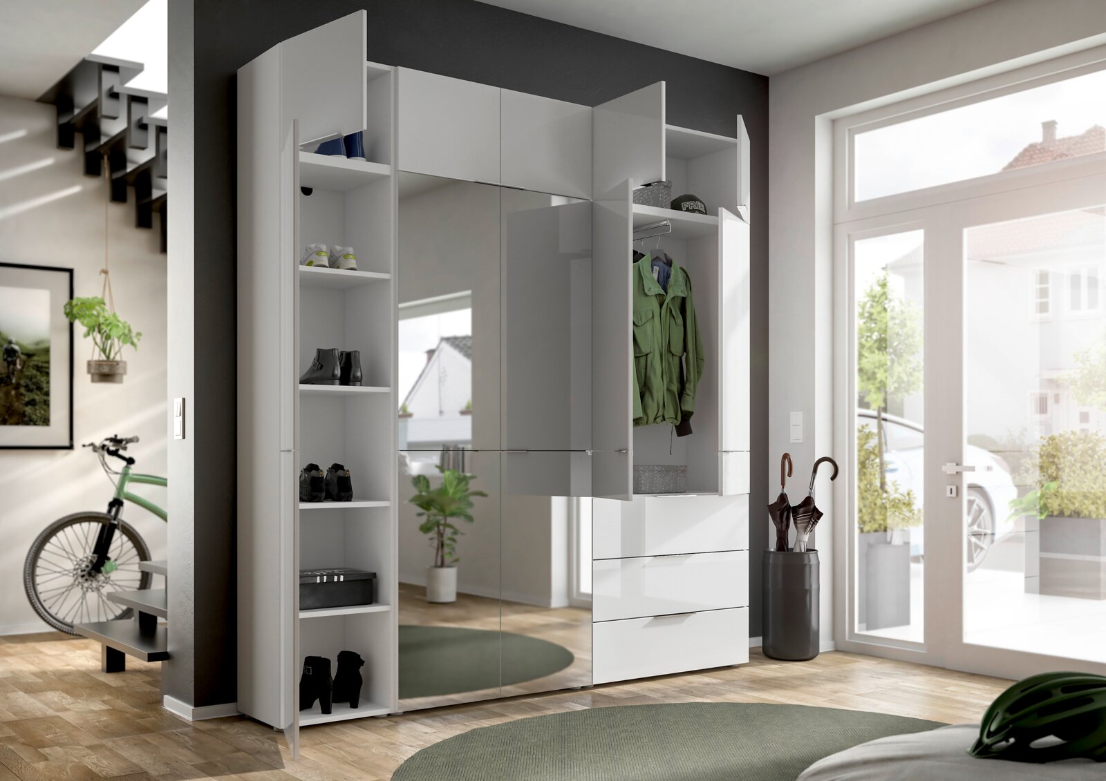 Moderner weißer Garderobenschrank mit Spiegeln und offenen Regalen, Perspektive von vorne rechts