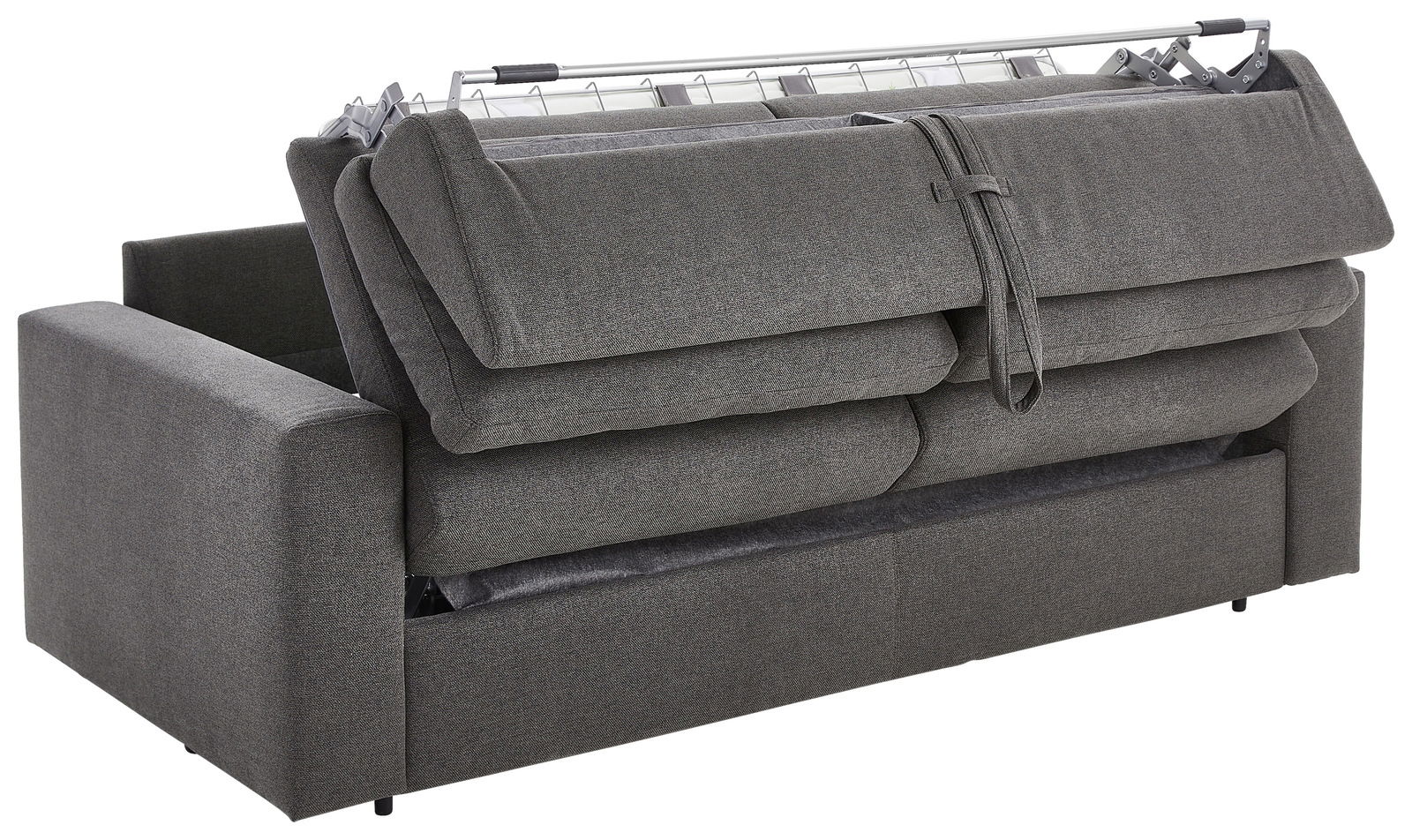 Rückansicht eines grauen Funktionssofas mit hochgeklappter Rückenlehne und sichtbarem Metallrahmen.