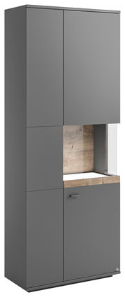 Vitrine mit Glasausschnitt, graue Fronten, Holzdetails, seitliche Perspektive