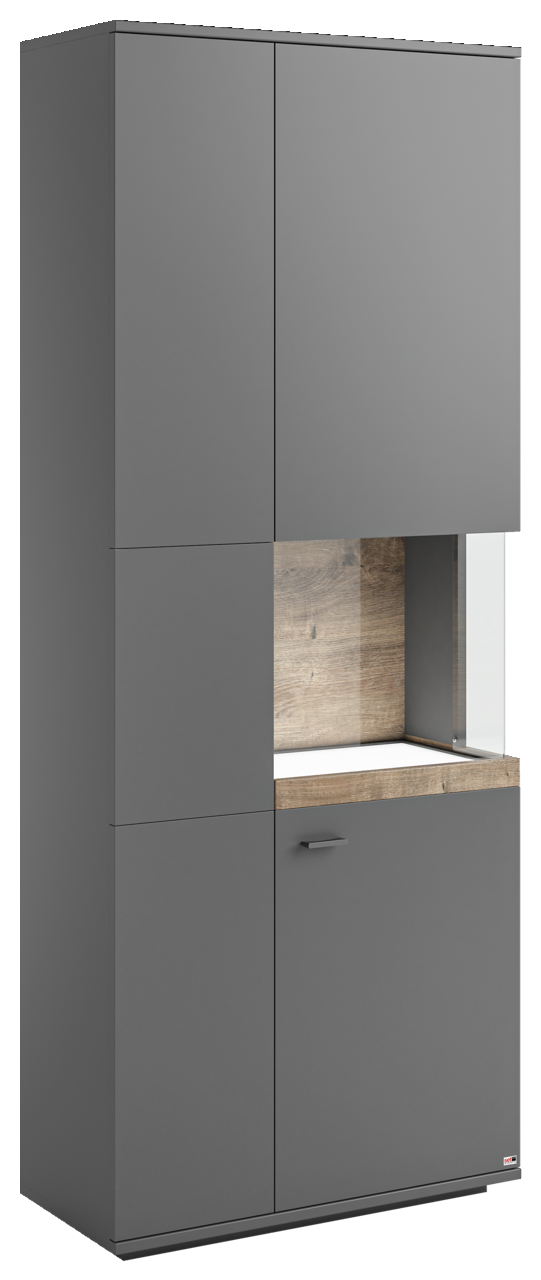 Set one by Musterring Vitrine Glasausschnitt rechts SET ONE LANCASTER Vitrine mit Glasausschnitt, graue Fronten, Holzdetails, seitliche Perspektive