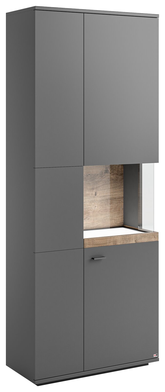 Vitrine mit Glasausschnitt, graue Fronten, Holzdetails, seitliche Perspektive