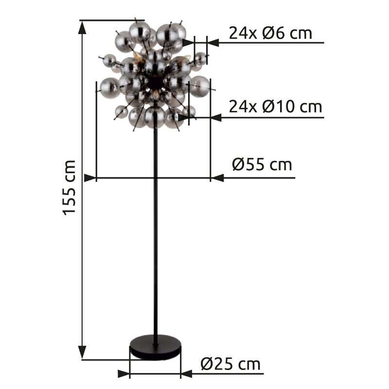 Moderne Stehleuchte mit kugelförmigem Design, 155 cm hoch, mit einem Durchmesser von 55 cm, aus der Frontalperspektive.