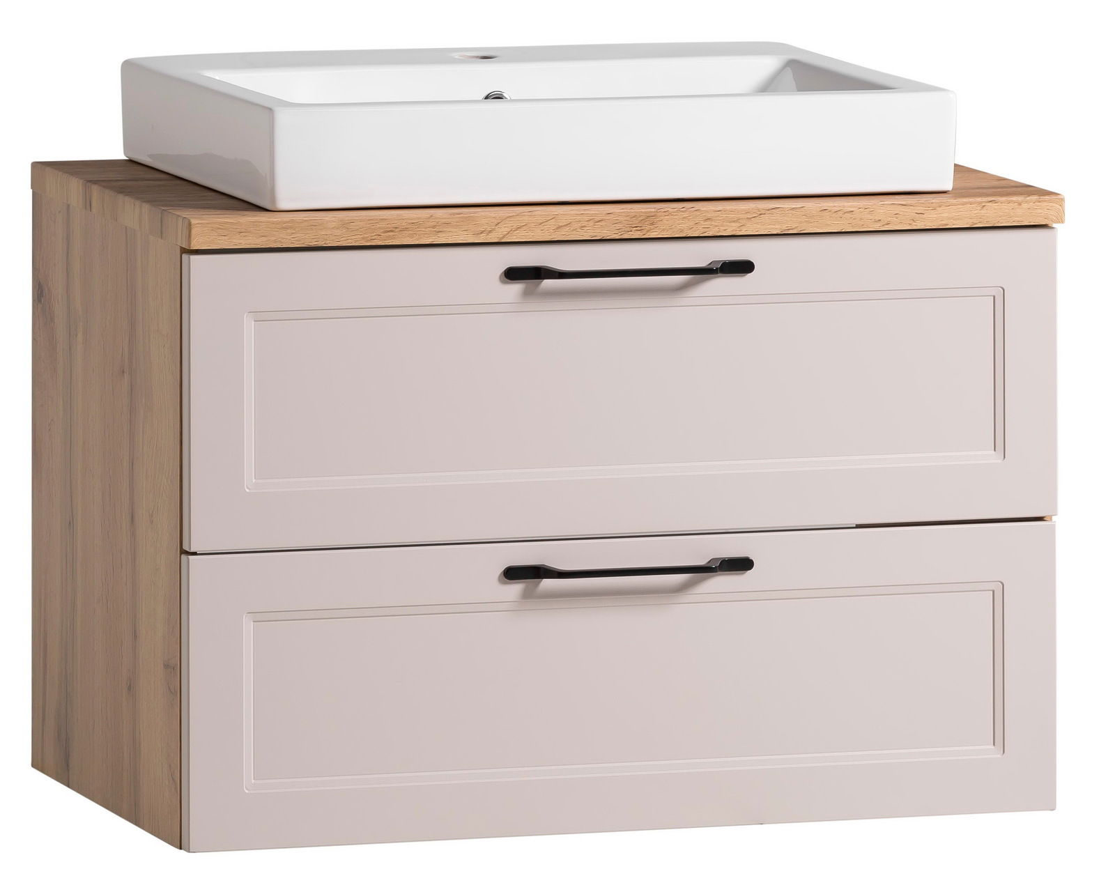 XORA Waschtisch-Set MERAN Waschtisch-Set mit rechteckigem, weißen Waschbecken auf einem Holzunterschrank mit zwei Schubladen, Frontansicht