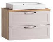 Waschtisch-Set mit rechteckigem, weißen Waschbecken auf einem Holzunterschrank mit zwei Schubladen, Frontansicht