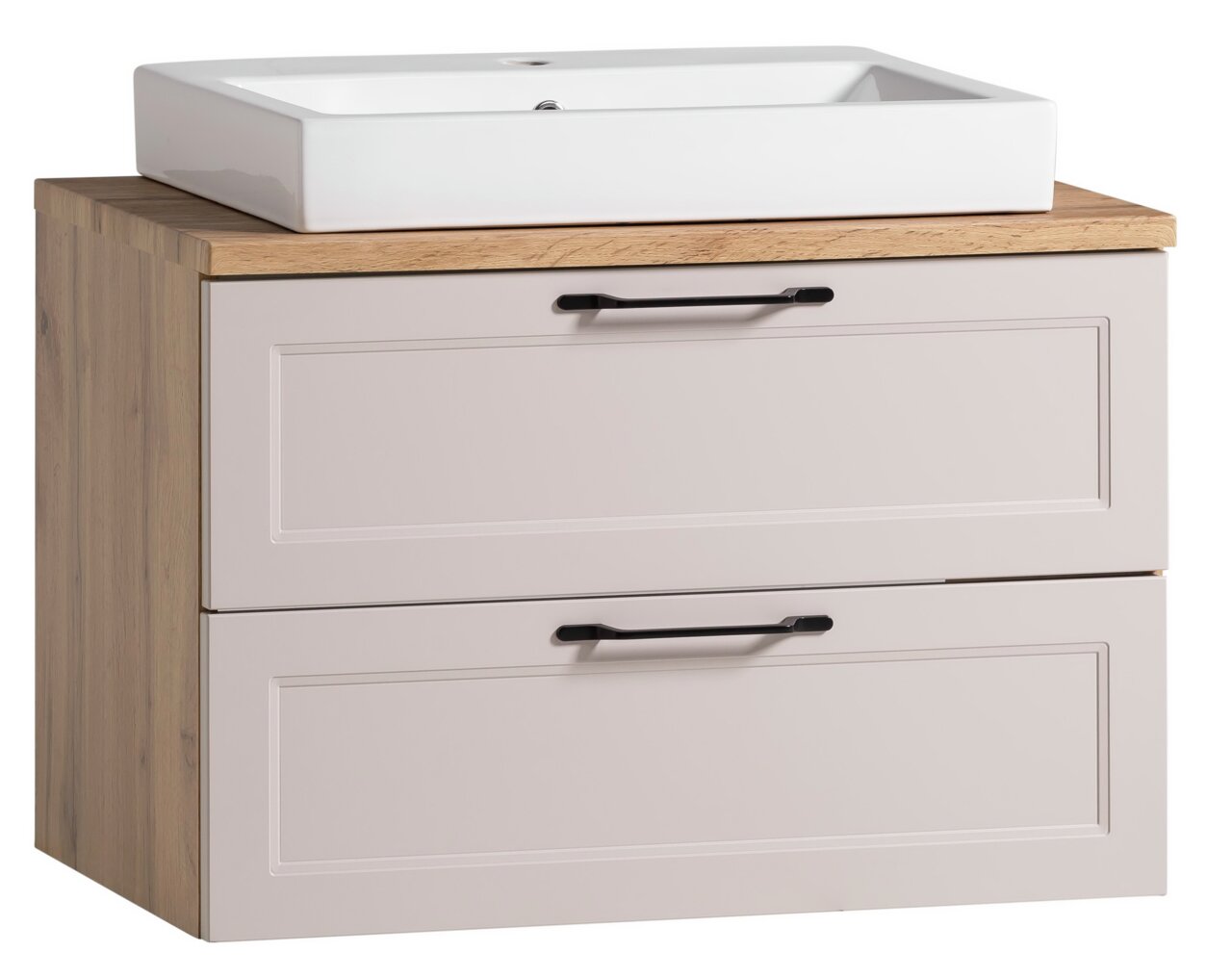 Waschtisch-Set mit rechteckigem, weißen Waschbecken auf einem Holzunterschrank mit zwei Schubladen, Frontansicht
