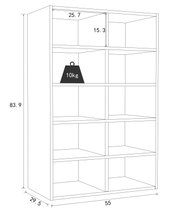 Technische Strichzeichnung eines offenen Regals mit mehreren Fächern, Maße ca. 55 cm Breite, 29,5 cm Tiefe und 83,9 cm Höhe, Fachmaße 25,7 cm und 15,3 cm, Belastbarkeit 10 kg; Perspektive: schräg von vorne links.