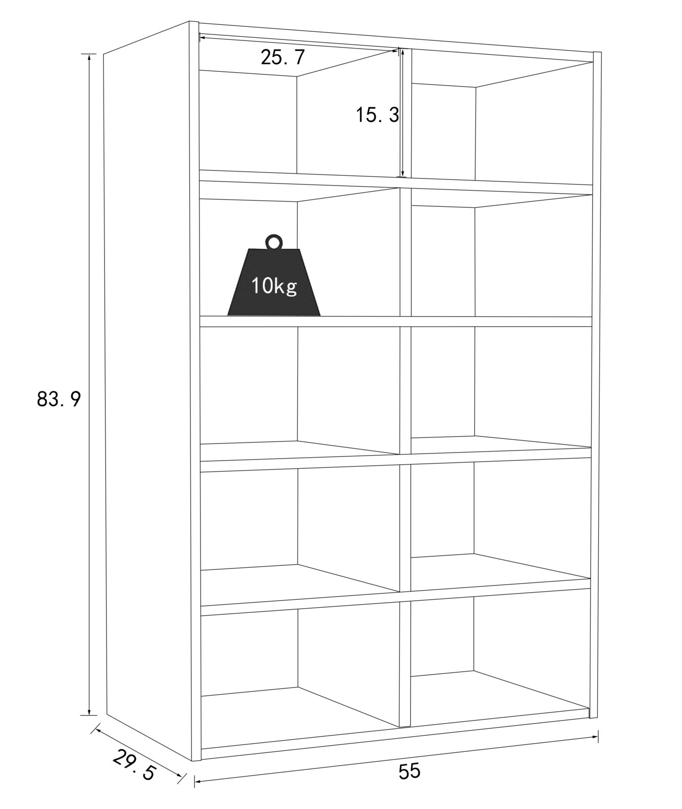 Technische Strichzeichnung eines offenen Regals mit mehreren Fächern, Maße ca. 55 cm Breite, 29,5 cm Tiefe und 83,9 cm Höhe, Fachmaße 25,7 cm und 15,3 cm, Belastbarkeit 10 kg; Perspektive: schräg von vorne links.