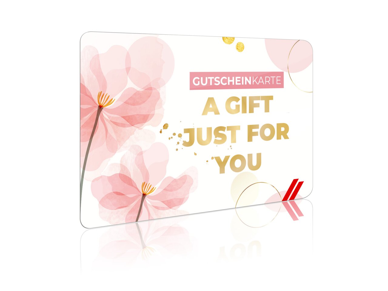 Geschenkkarte mit der Aufschrift 'A Gift Just For You' und floralen Motiven, perspektivisch leicht von der Seite betrachtet.
