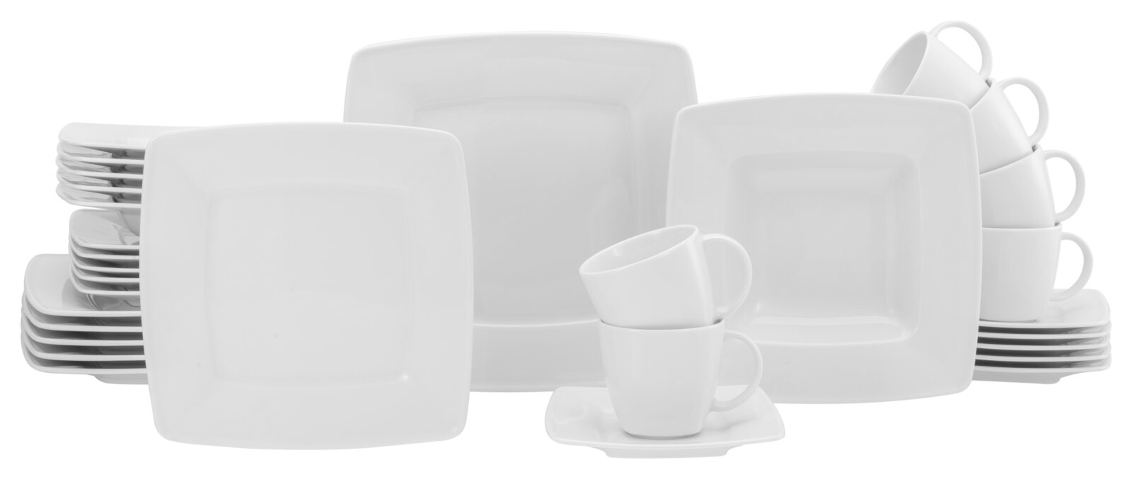 Creatable Kombiservice 30-tlg VICTORIA Weißes, quadratisches Porzellan-Geschirrset mit Tellern, Schalen und Tassen, frontal in leichter Schrägansicht fotografiert.