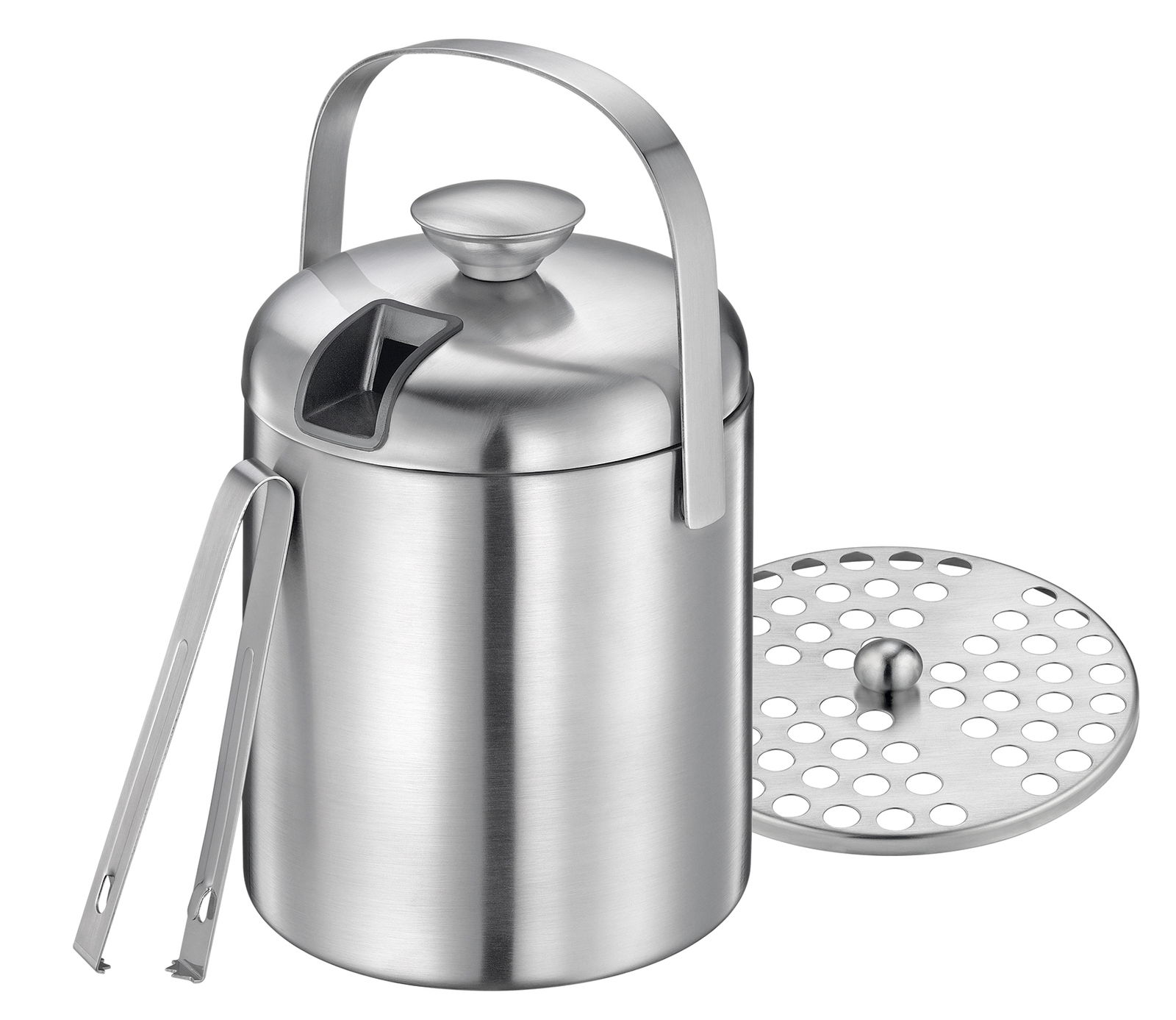 Eiseimer aus Edelstahl mit Deckel, Zange und Abtropfsieb, seitliche Perspektive
