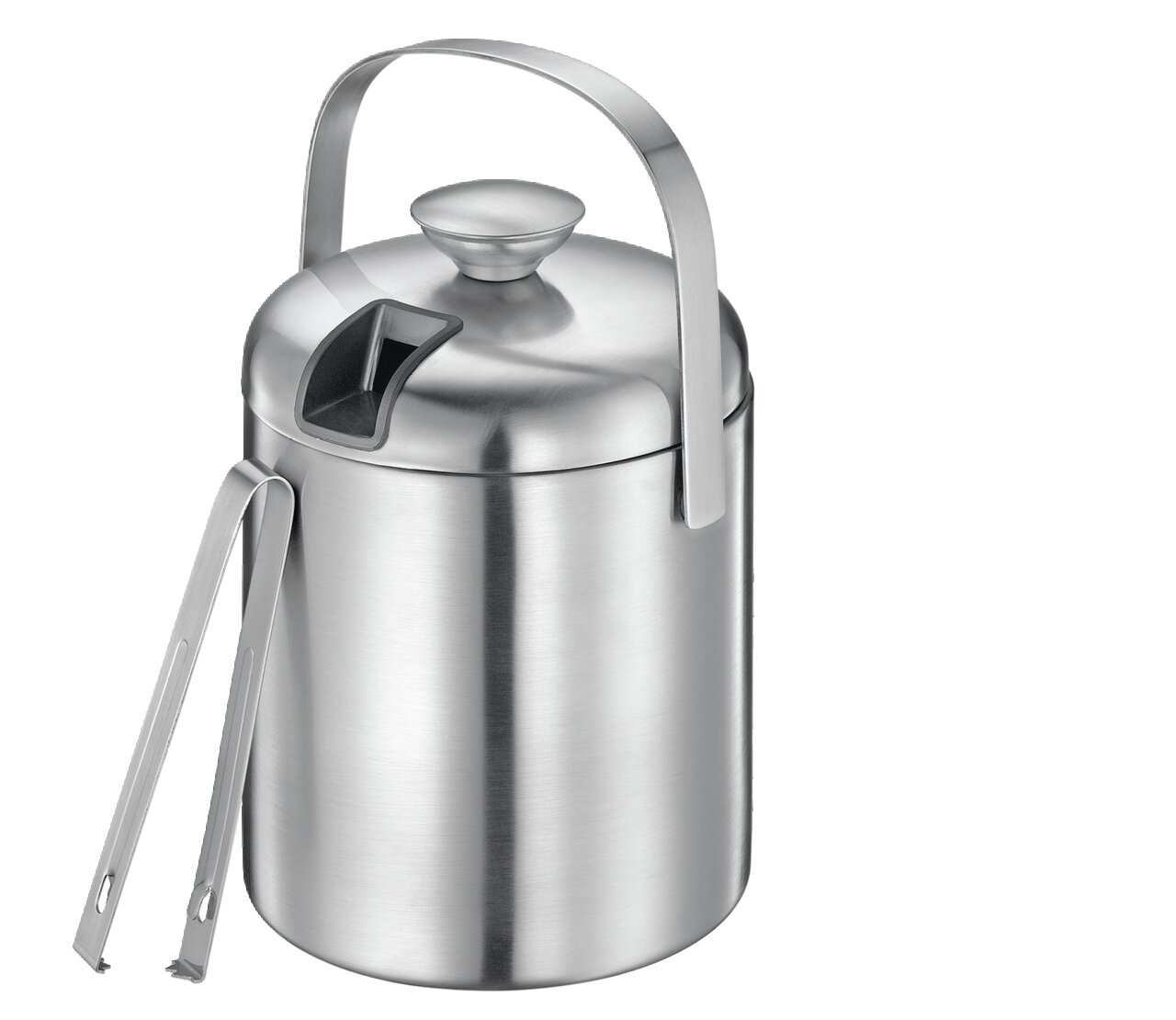 Eiseimer aus Edelstahl mit Deckel, Zange und Abtropfsieb, seitliche Perspektive