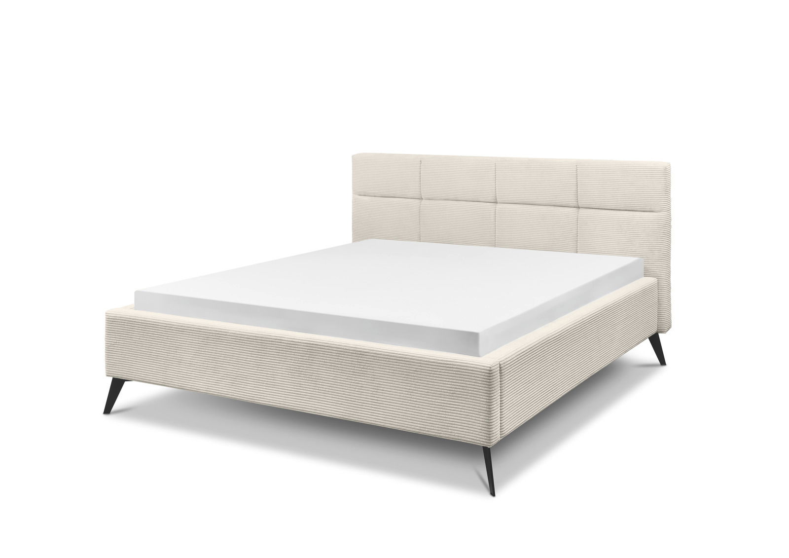 Polsterbett SET ONE Cary von Musterring in seitlicher Perspektive, mit gepolstertem Kopfteil und modernen schwarzen Beinen.