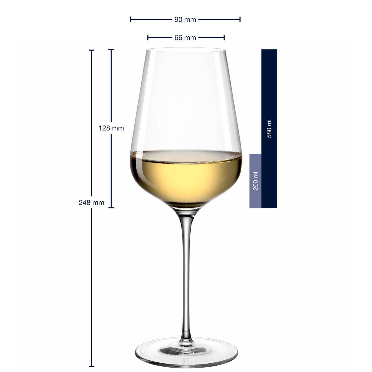 Witwijnglas Brunelli 580 ml, zijaanzicht met afmetingen