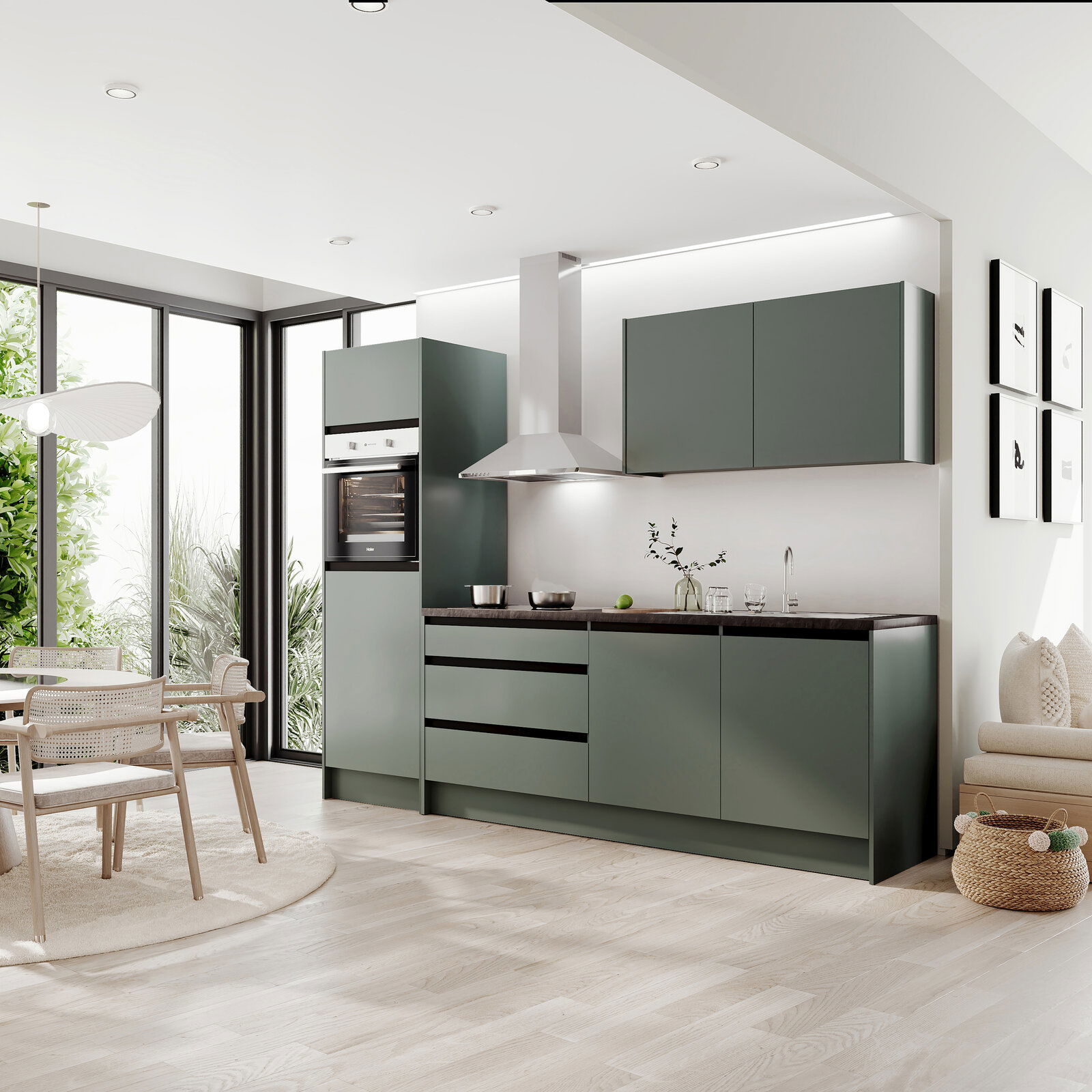 Yourkitchen Küchenblock Basis 273 TROJA Moderne Küche mit grünem Küchenblock, eingebautem Ofen und Dunstabzugshaube, seitliche Perspektive