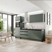 Moderne Küche mit grünem Küchenblock, eingebautem Ofen und Dunstabzugshaube, seitliche Perspektive