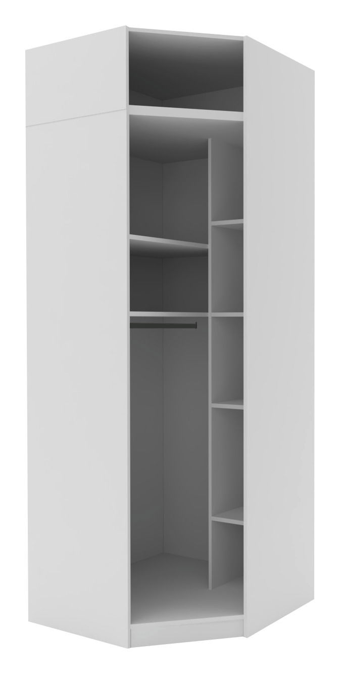 Hom´in Eckschrank Korpus UNIT Eckschrank Korpus 242 in weißer Farbe, offene Vorderansicht mit mehreren Regalfächern und Kleiderstange, perspektivische Ansicht von vorne