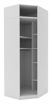Eckschrank Korpus 242 in weißer Farbe, offene Vorderansicht mit mehreren Regalfächern und Kleiderstange, perspektivische Ansicht von vorne
