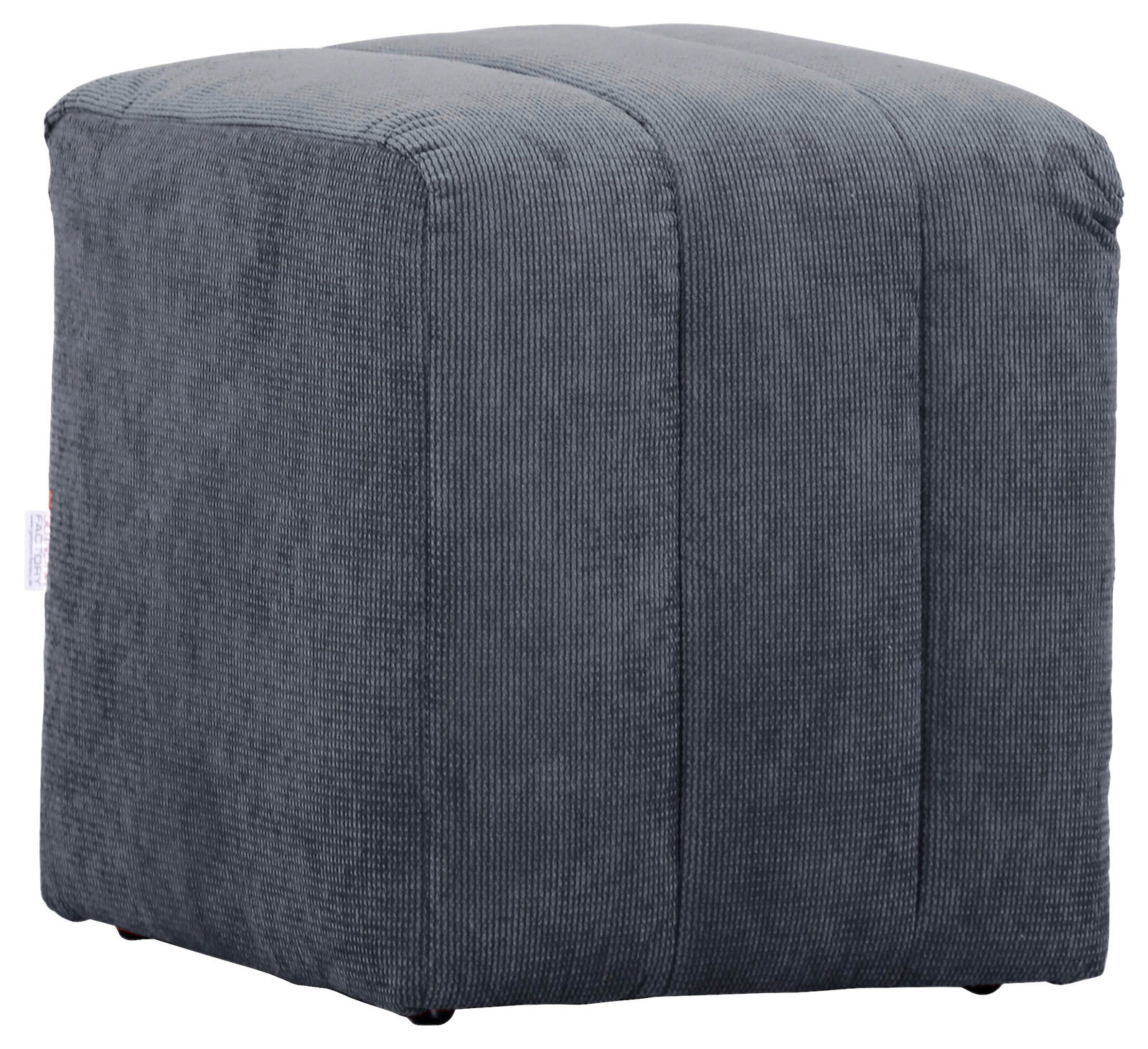 Grauer Hocker aus Cordstoff, seitliche Perspektive