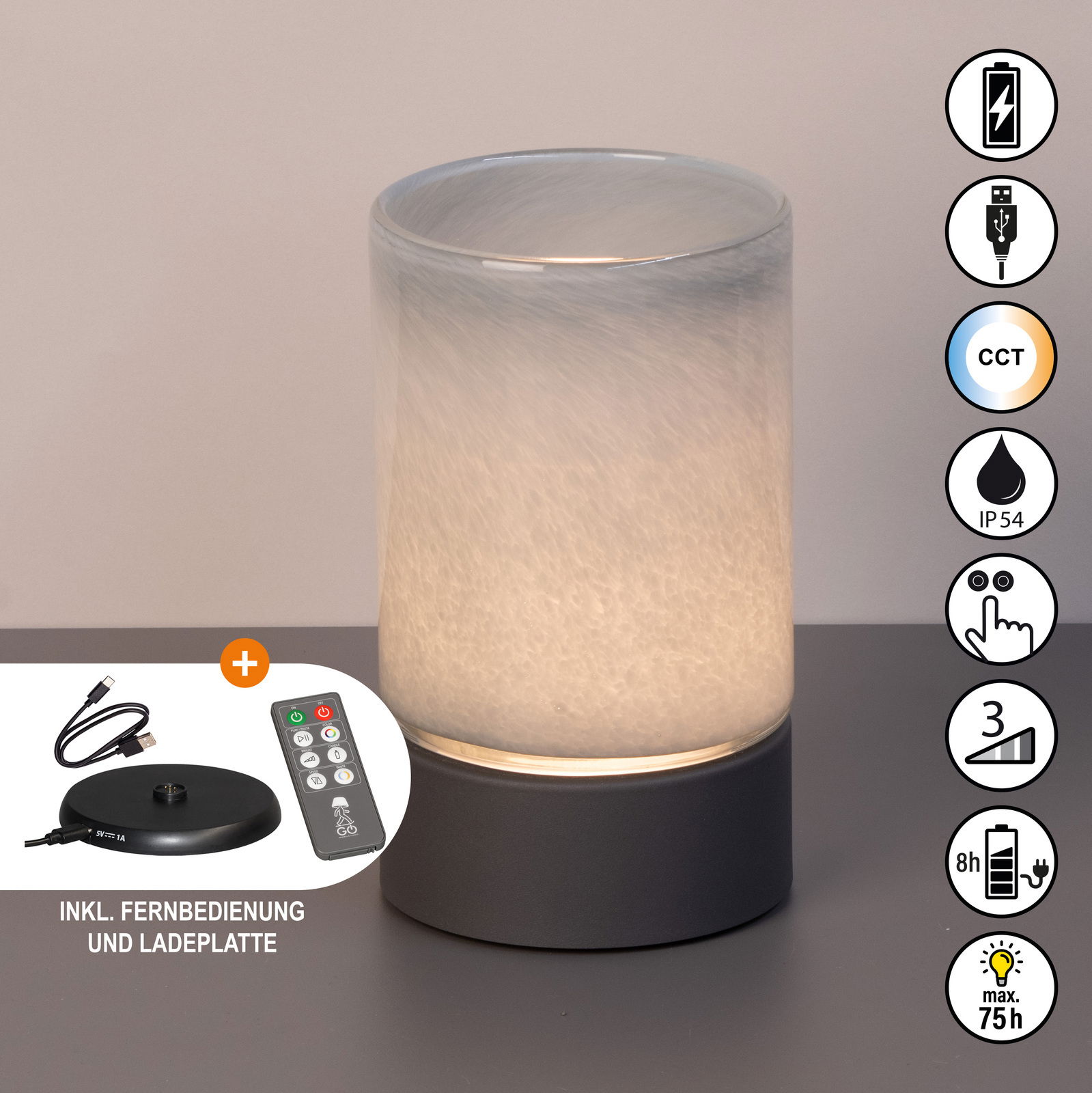 Akku-Windlicht und Tischleuchte mit zylindrischem Design, inklusive Fernbedienung und Ladeplatte, seitliche Ansicht.