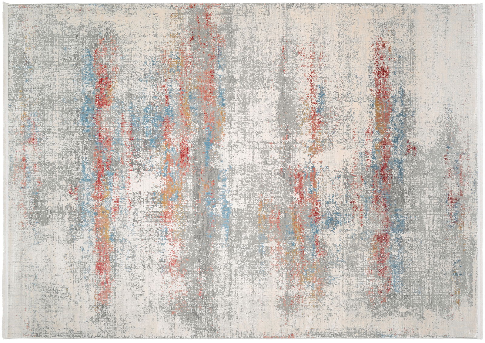 Moderner Designer Teppich mit abstraktem Muster in Grau, Rot, Blau und Gelb, Draufsicht