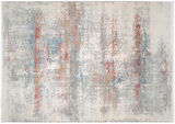 Moderner Designer Teppich mit abstraktem Muster in Grau, Rot, Blau und Gelb, Draufsicht