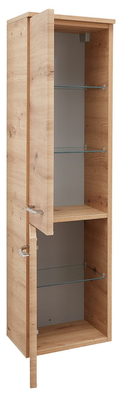 Sadena Midischrank PLAKA Midischrank aus Holz mit zwei Glastüren, geöffnet, seitliche Perspektive