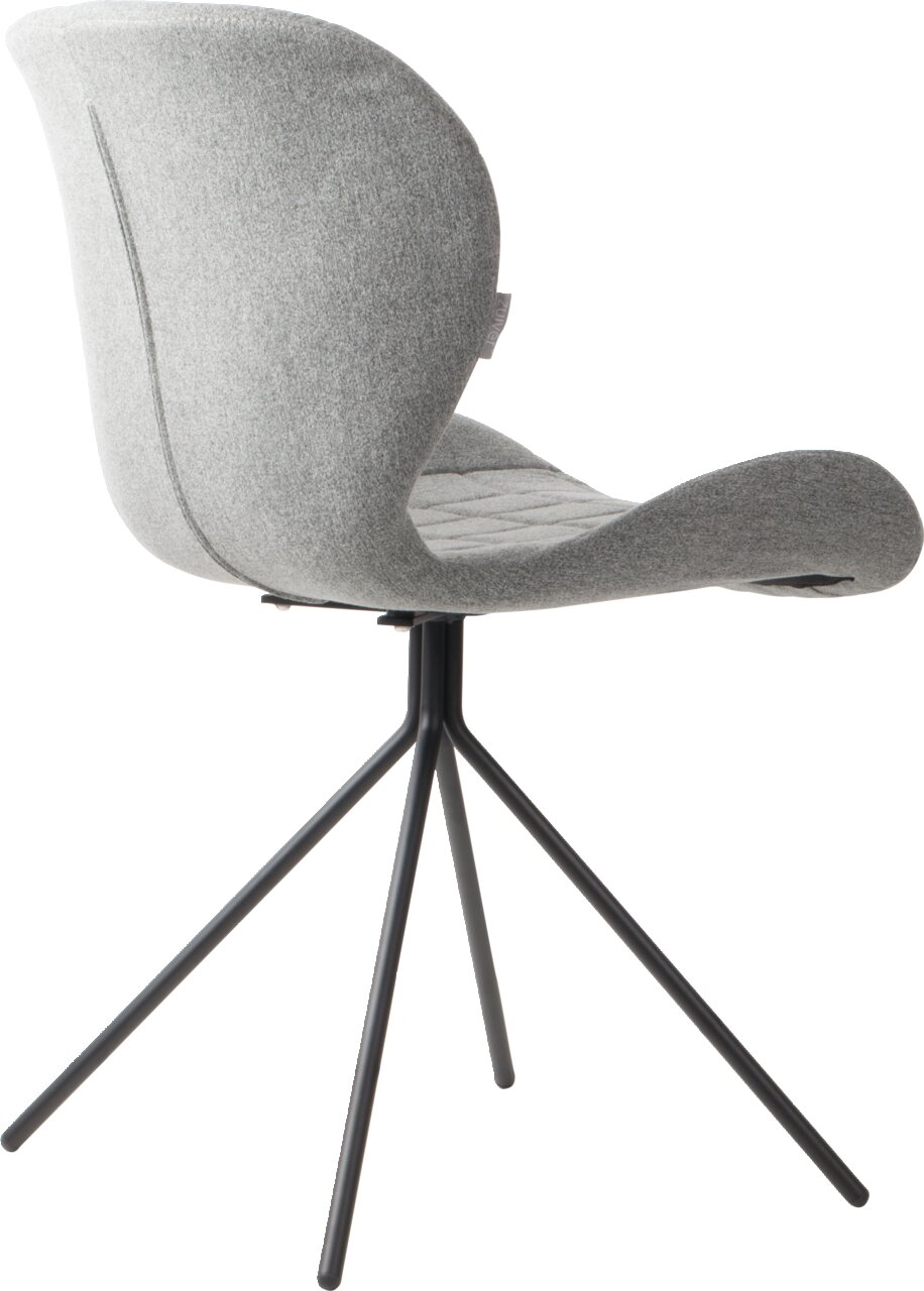 Moderner grauer Stuhl mit geschwungener Rückenlehne und schwarzem Metallgestell, seitliche Perspektive
