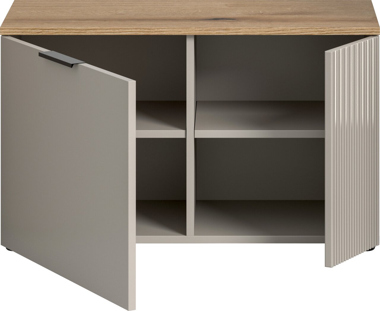 Garderobenkombination mit zwei offenen Türen, vier Fächern und einer Holzoberfläche, Frontalansicht.