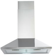 Dunstabzugshaube aus Edelstahl, frontal fotografiert, mit Bedienelementen auf der rechten Seite