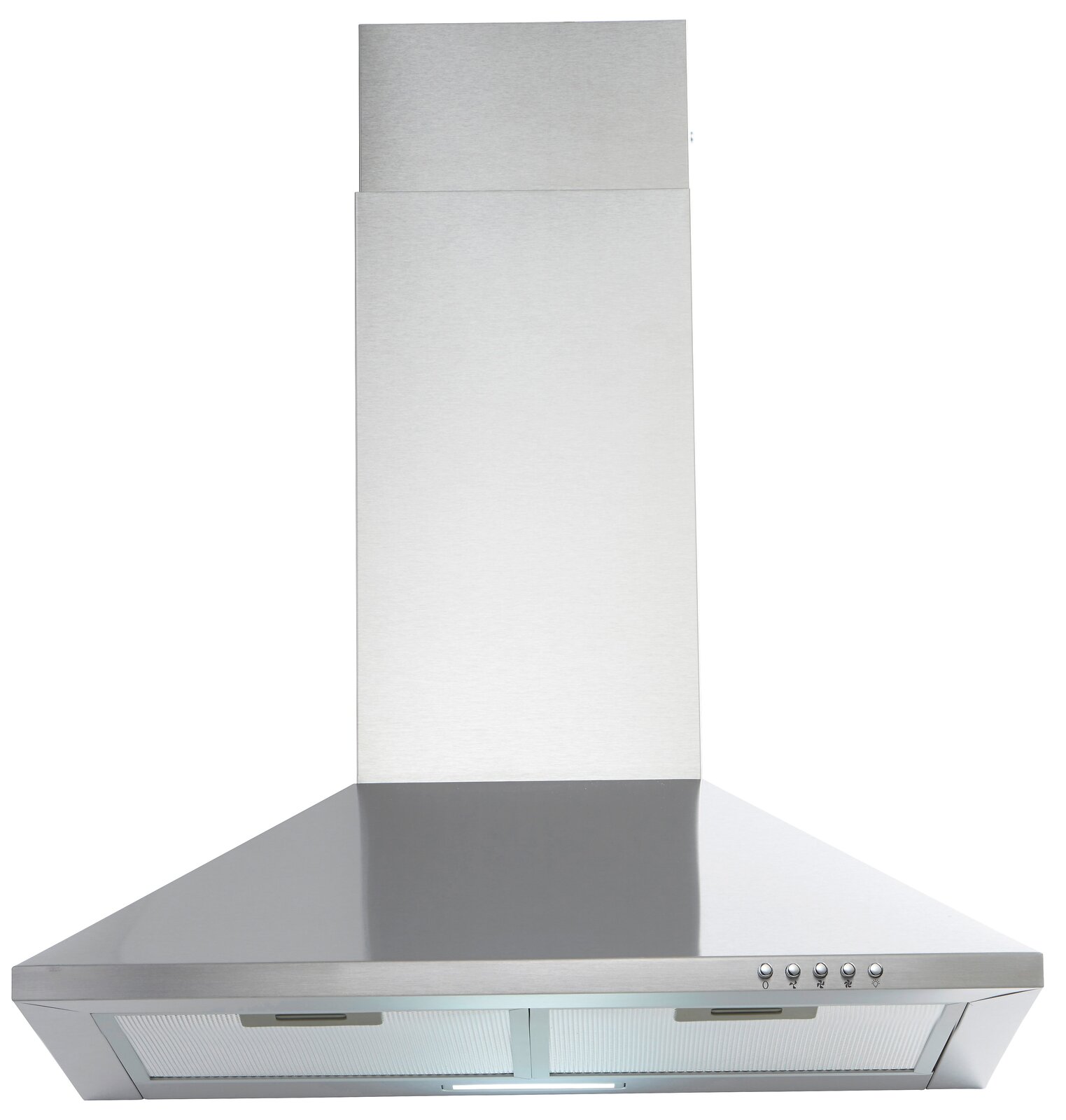 Dunstabzugshaube aus Edelstahl, frontal fotografiert, mit Bedienelementen auf der rechten Seite