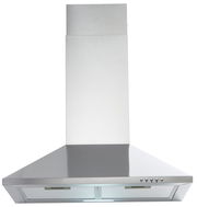 Dunstabzugshaube aus Edelstahl, frontal fotografiert, mit Bedienelementen auf der rechten Seite