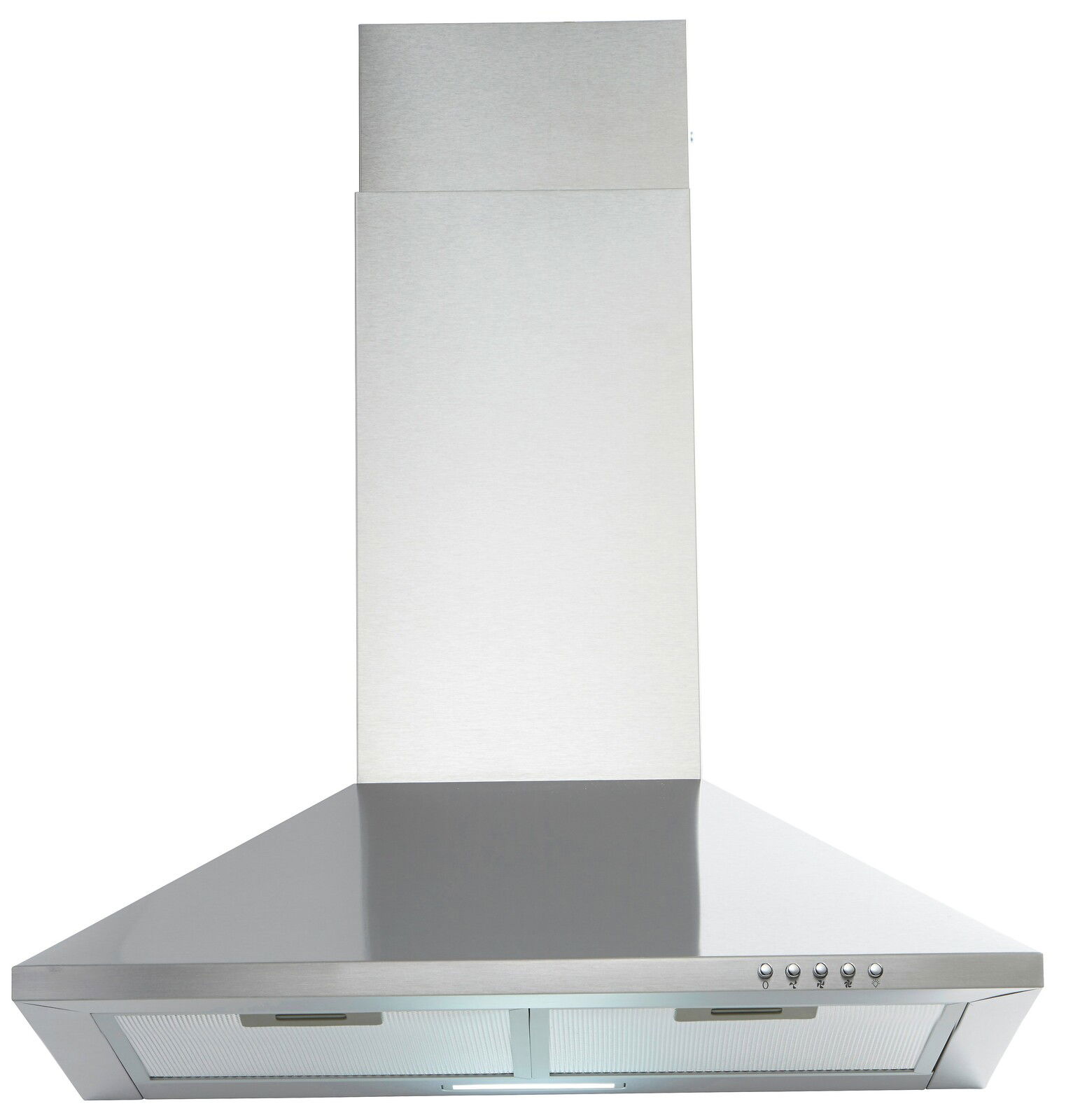 Dunstabzugshaube aus Edelstahl, frontal fotografiert, mit Bedienelementen auf der rechten Seite