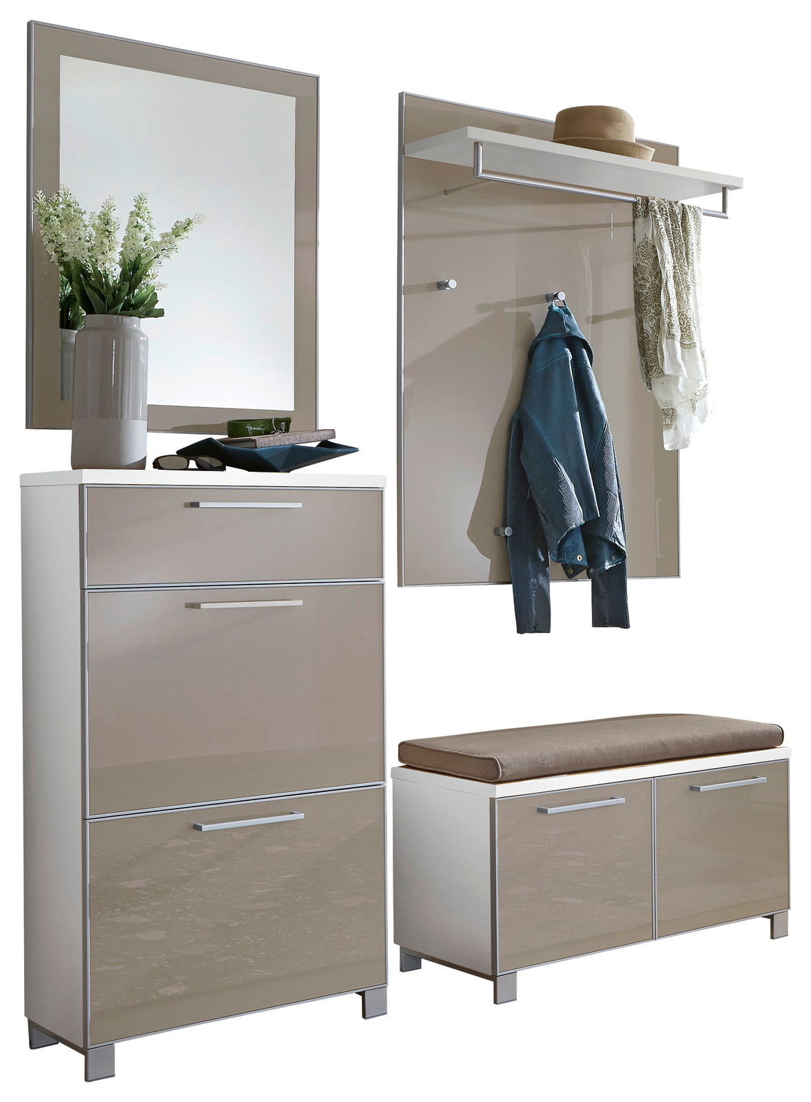 VOSS Garderoben-Set 5-tlg. SANTINA Garderoben-Set 5-tlg. mit Spiegel, Schuhschrank, Sitzbank und Wandpaneel, seitliche Perspektive