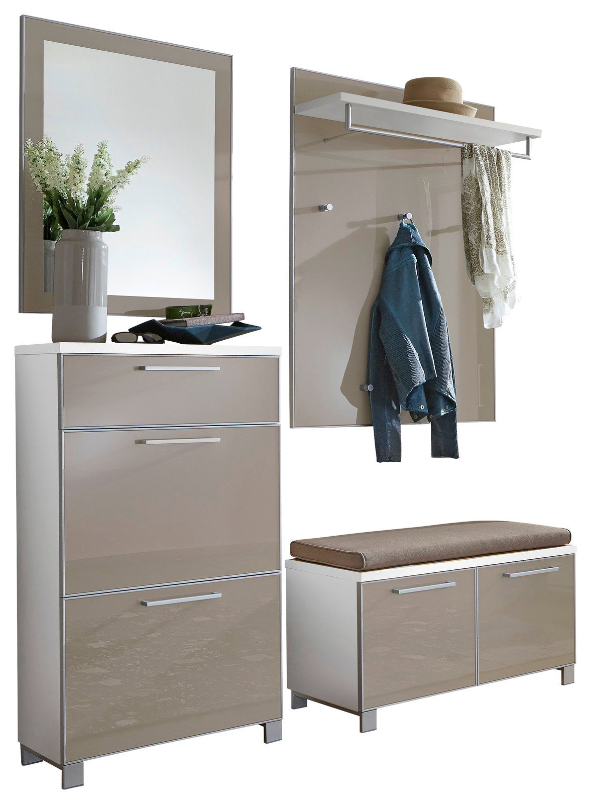 Garderoben-Set 5-tlg. mit Spiegel, Schuhschrank, Sitzbank und Wandpaneel, seitliche Perspektive