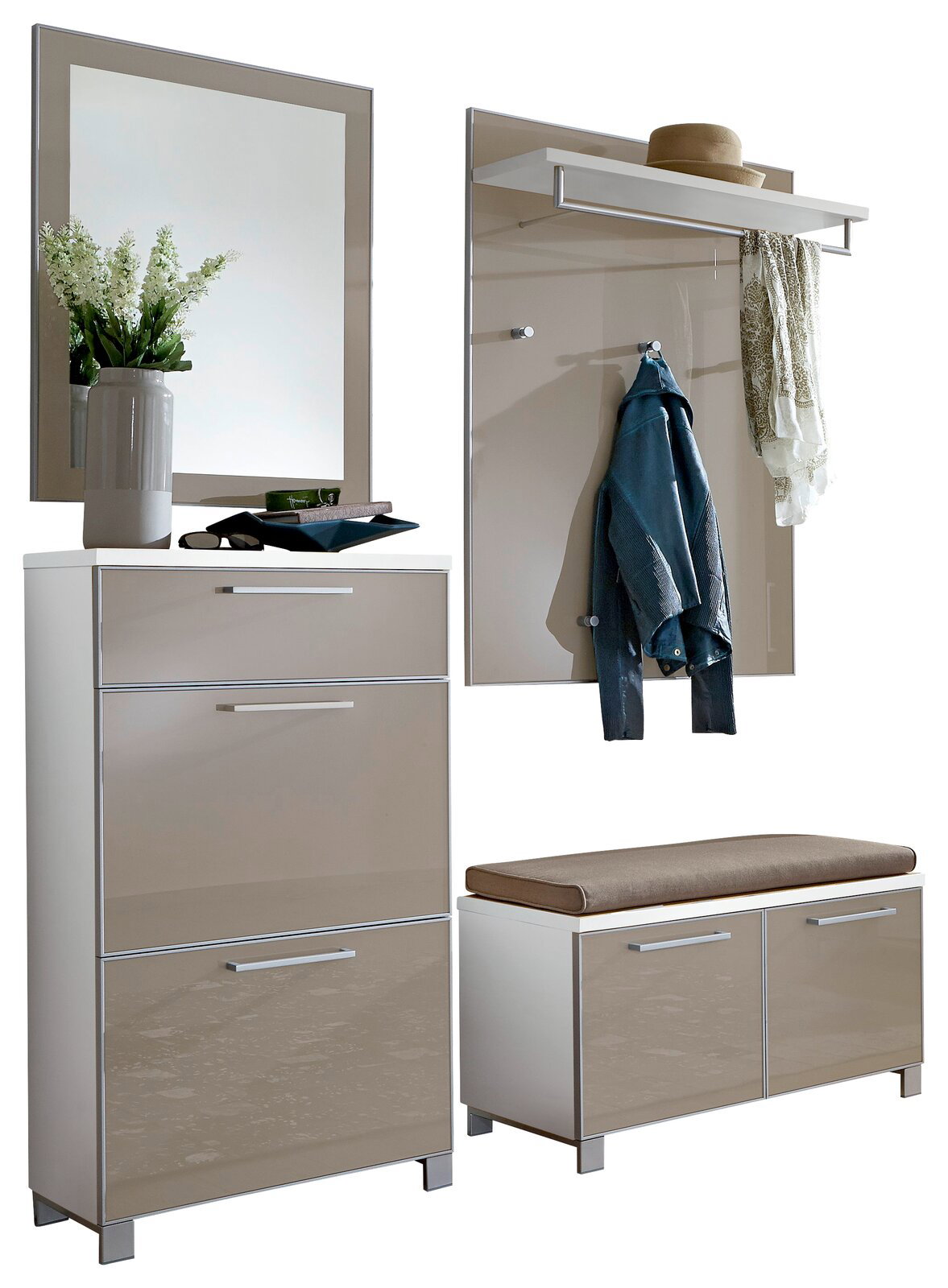 VOSS Garderoben-Set 5-tlg. SANTINA Garderoben-Set 5-tlg. mit Spiegel, Schuhschrank, Sitzbank und Wandpaneel, seitliche Perspektive