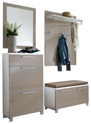 Garderoben-Set 5-tlg. mit Spiegel, Schuhschrank, Sitzbank und Wandpaneel, seitliche Perspektive