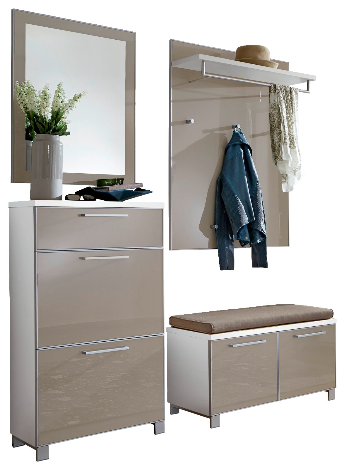 Garderoben-Set 5-tlg. mit Spiegel, Schuhschrank, Sitzbank und Wandpaneel, seitliche Perspektive