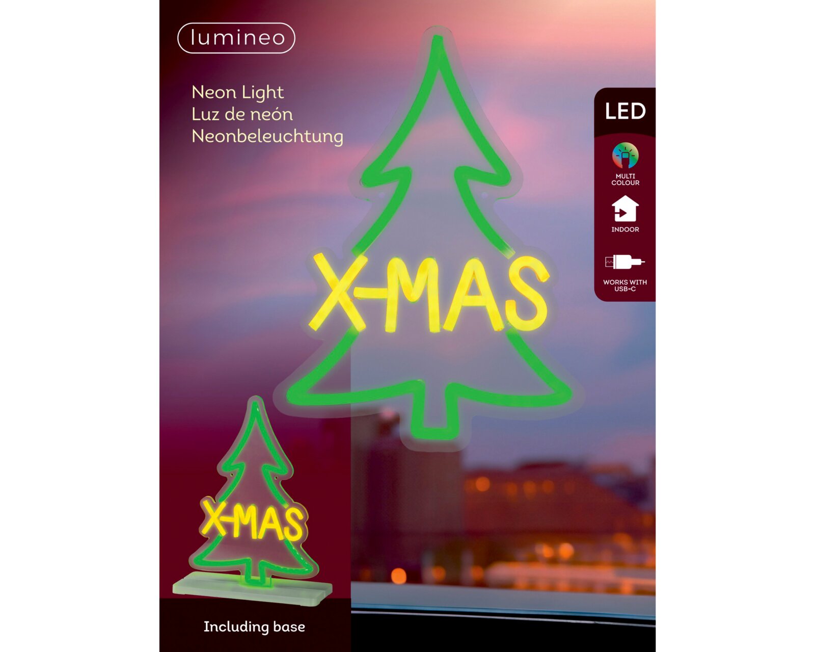 Frontalansicht einer Lumineo LED-Neonleuchte in Weihnachtsbaumform mit grün leuchtender Kontur, gelbem X-MAS-Schriftzug und Standfuß für den Innenbereich