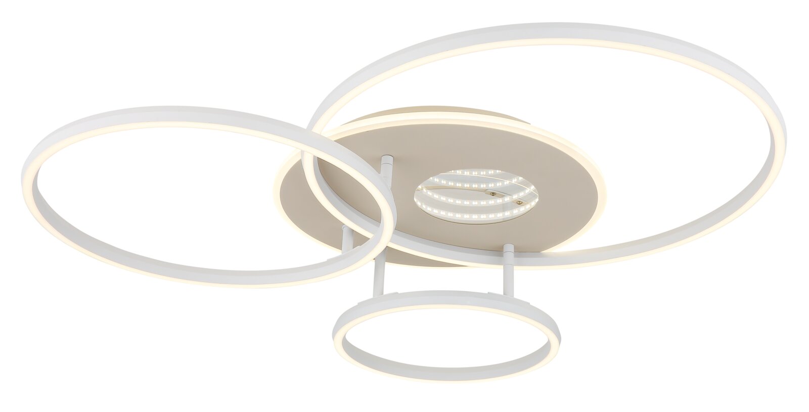 Moderne LED-Deckenleuchte mit drei leuchtenden Ringen, seitliche Perspektive