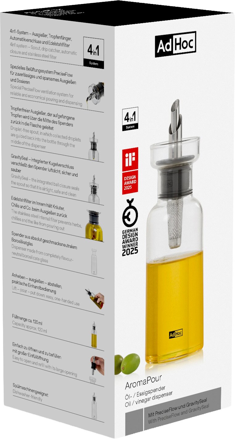 AdHoc AromaPour Öl- und Essigspender (4-in-1 System) in Produktverpackung, schräg von vorn fotografiert; Glasflasche mit gelbem Öl, Edelstahl-Ausgießer und Filter, mit iF Design Award 2025 und German Design Award Winner 2025 auf der Box