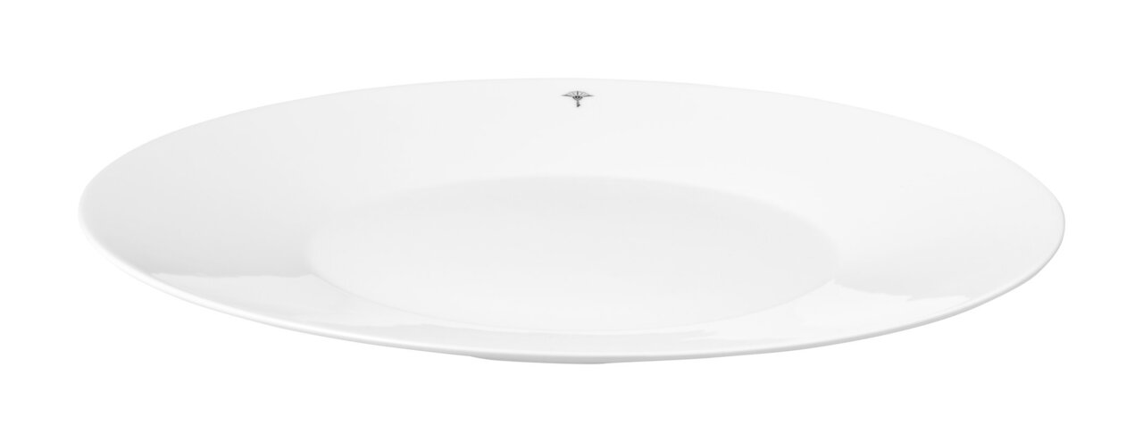 Weißer Platzteller mit dezentem Design, seitliche Perspektive