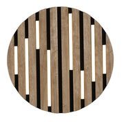 Runde Deckenleuchte aus Holz mit schmalen, vertikalen Lichtstreifen, Ansicht von unten.