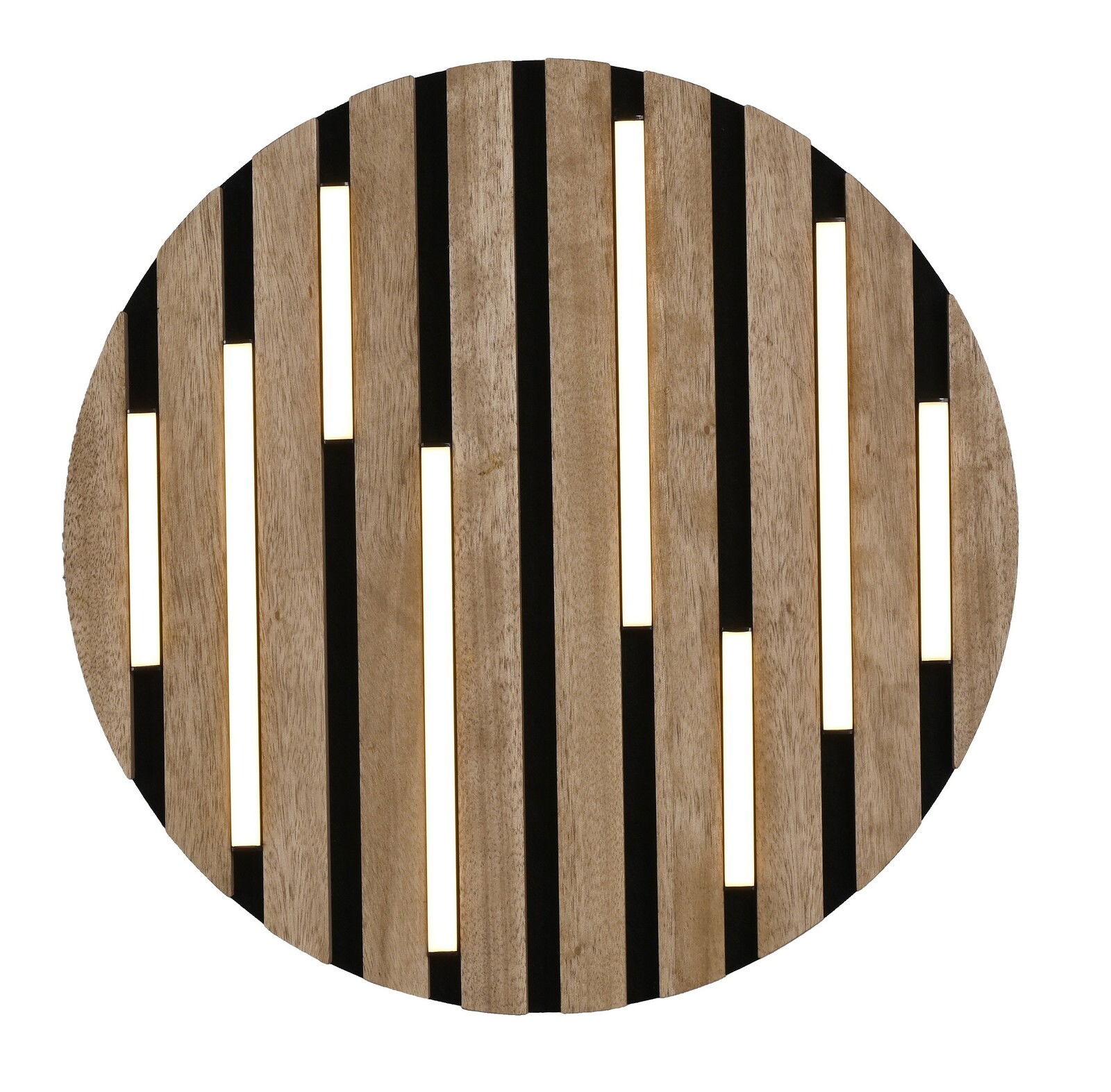 Runde Deckenleuchte aus Holz mit schmalen, vertikalen Lichtstreifen, Ansicht von unten.