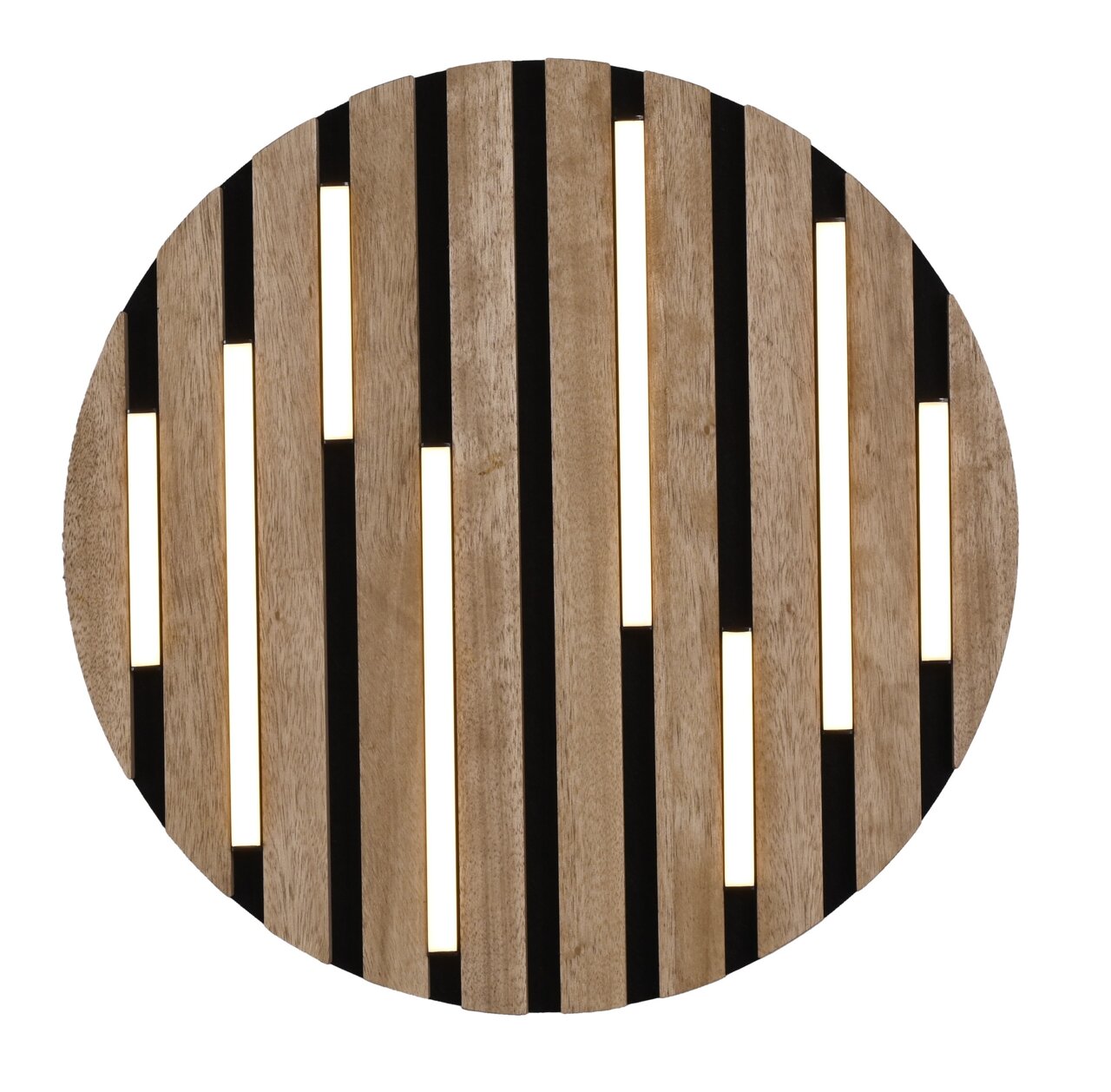 Ronde houten plafondlamp met smalle, verticale lichtstrepen, gezien van onderaf.