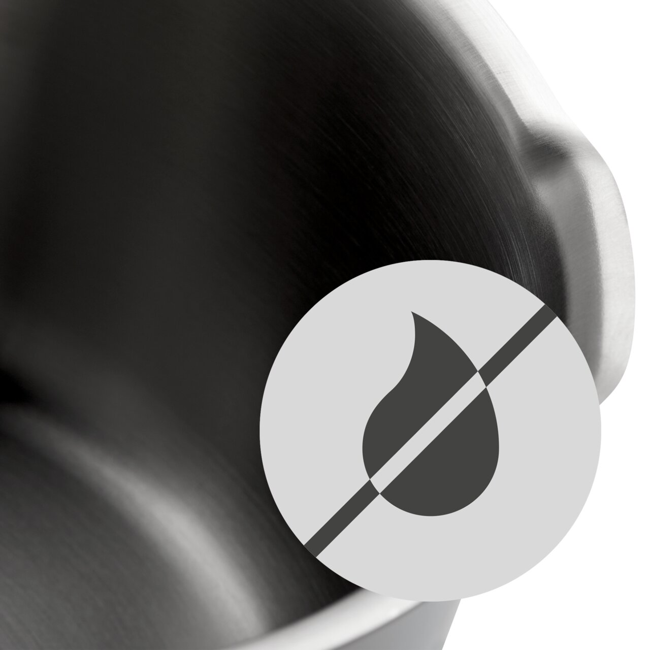 Close-up van een roestvrijstalen pan met een symbool voor druppelvrij schenken.